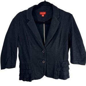 Elle Black Cotton Blazer Jacket M Ruffle Hem Cropped Career Retro Feminine